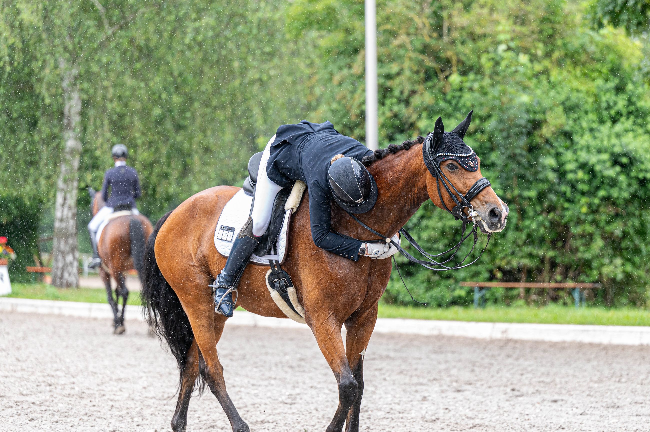 turniere 1 Pferd und Reiterin in einem dynamischen Turniermoment
